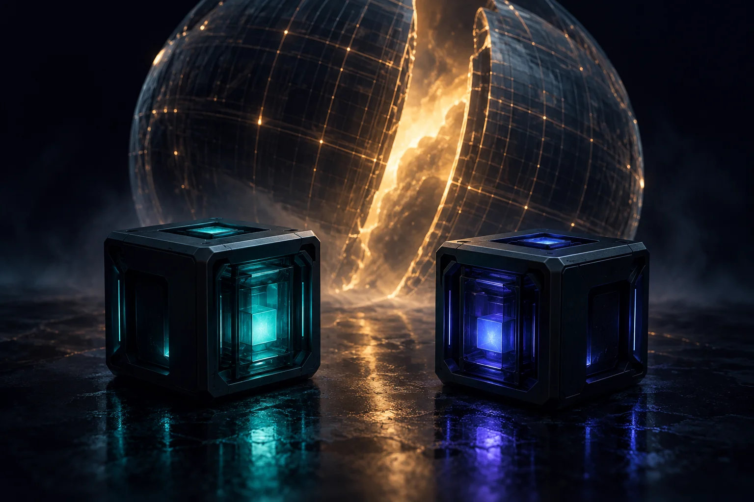 Two matte-black cube computers on a dark laboratory desk at night, glowing indigo and teal data strands rising toward a translucent wireframe sphere being pried open by a cone of light
