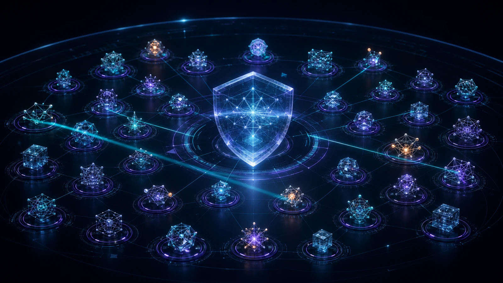 Thirty abstract blockchain networks arranged around a transparent shield while cyan diagnostic beams scan the landscape